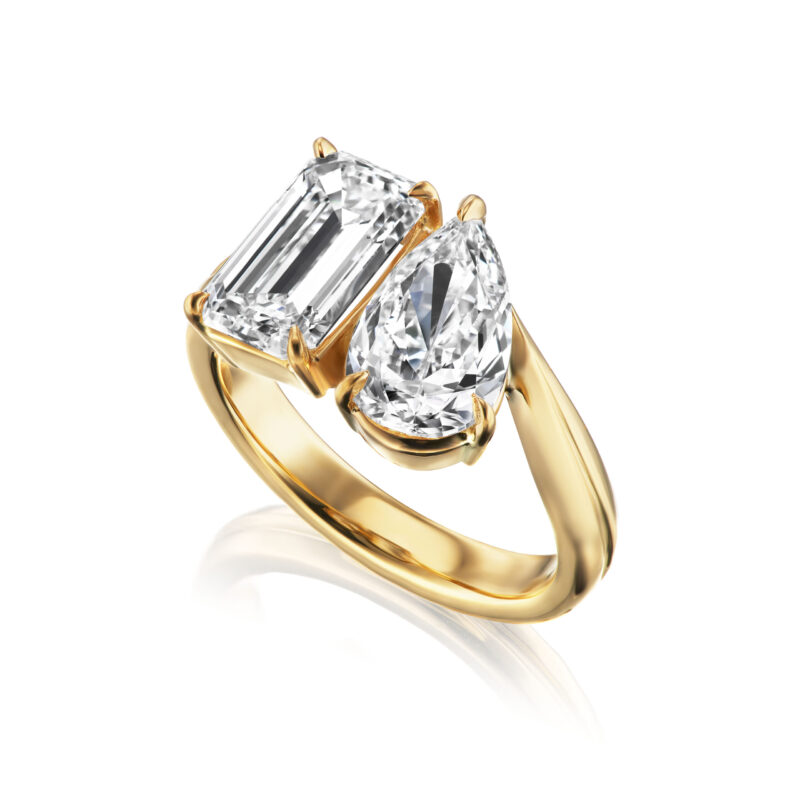 Emerald-cut and Pear-shaped Two Stone Diamond Ring